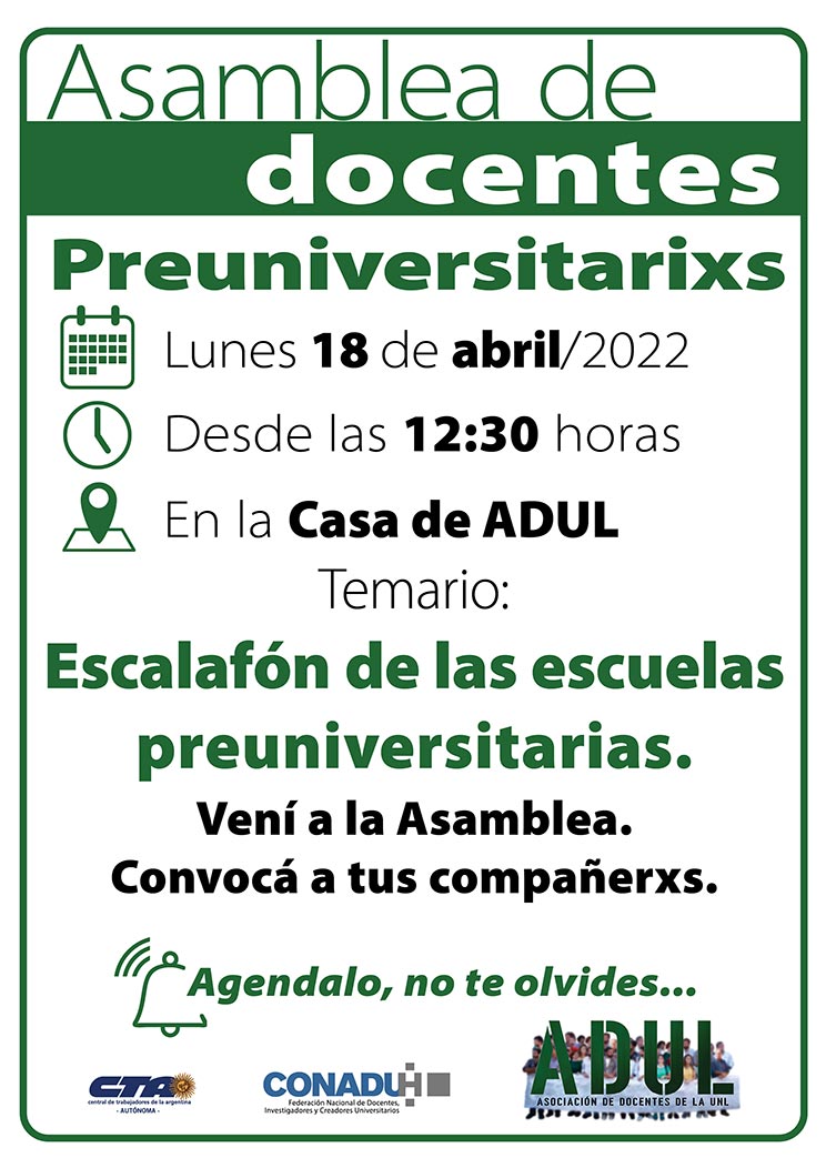 Asamblea de docentes preuniversitarixs – Lunes 18/4 – 12:30 hs. en ADUL