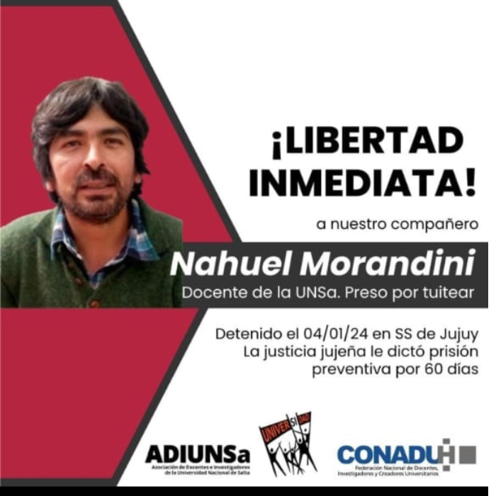 CONADU Histórica hace suyo el comunicado de Adiunsa y exige la inmediata liberación del docente Nahuel Morandini