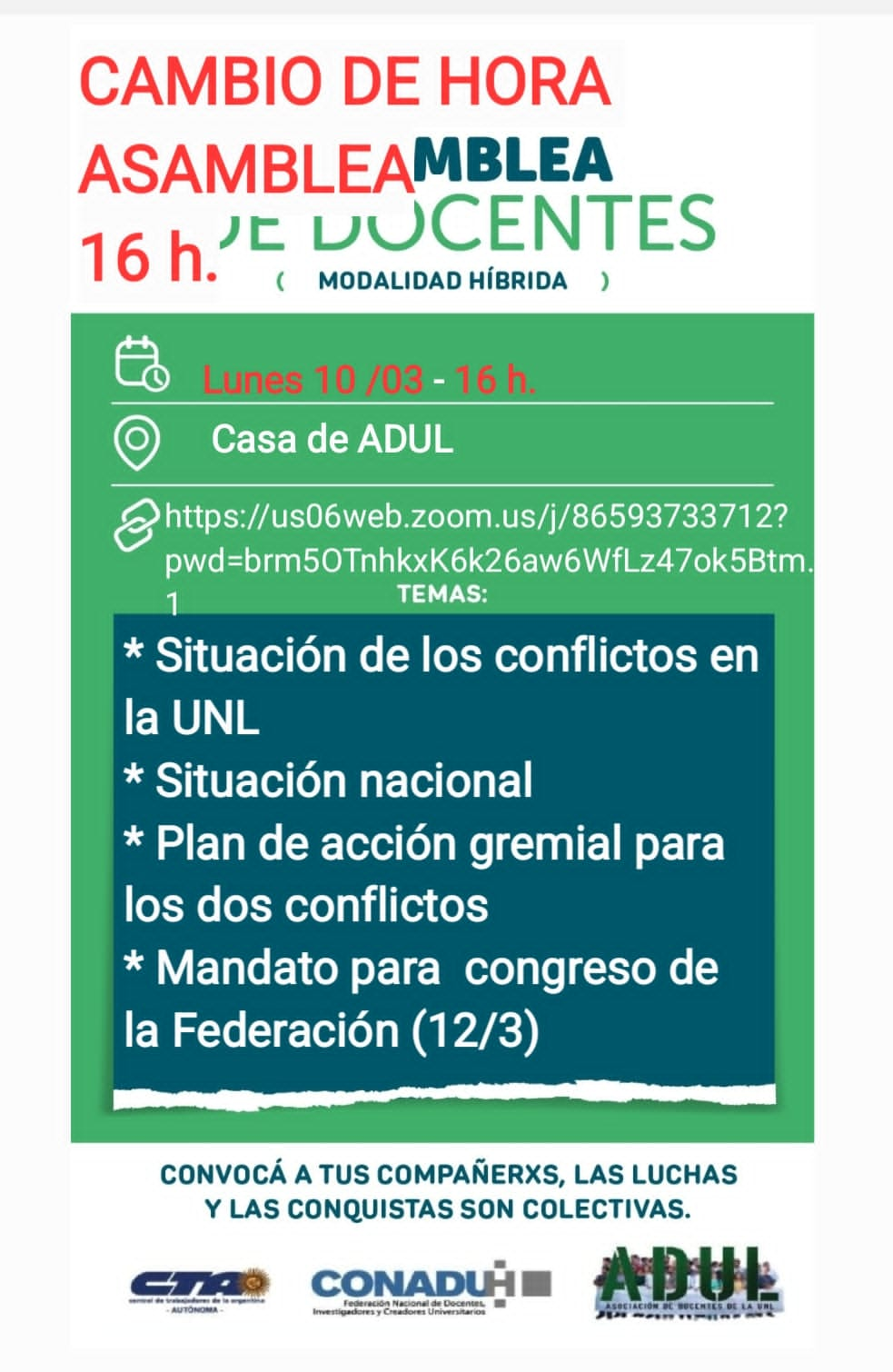 Asamblea 10/3 – Nuevo horario: 16 hs.