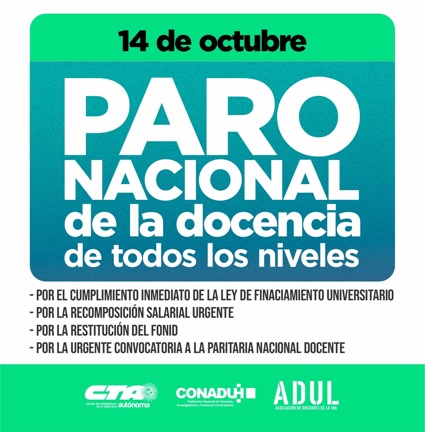 14/10: PARO nacional de la docencia de todos los niveles