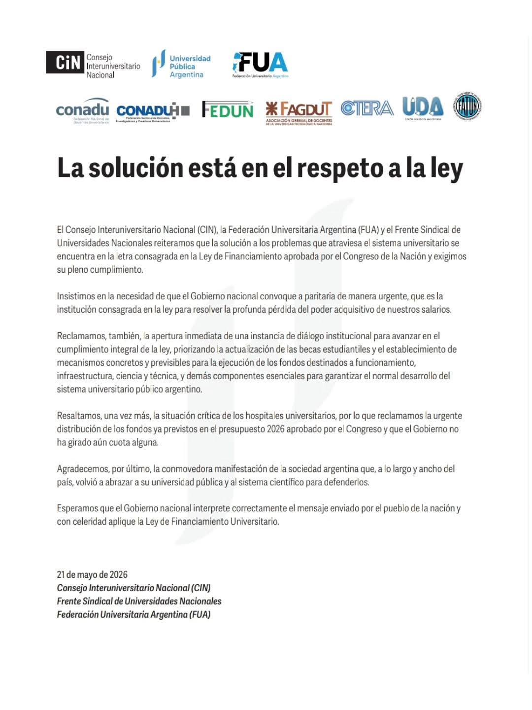 «La solución está en el respeto a la ley»