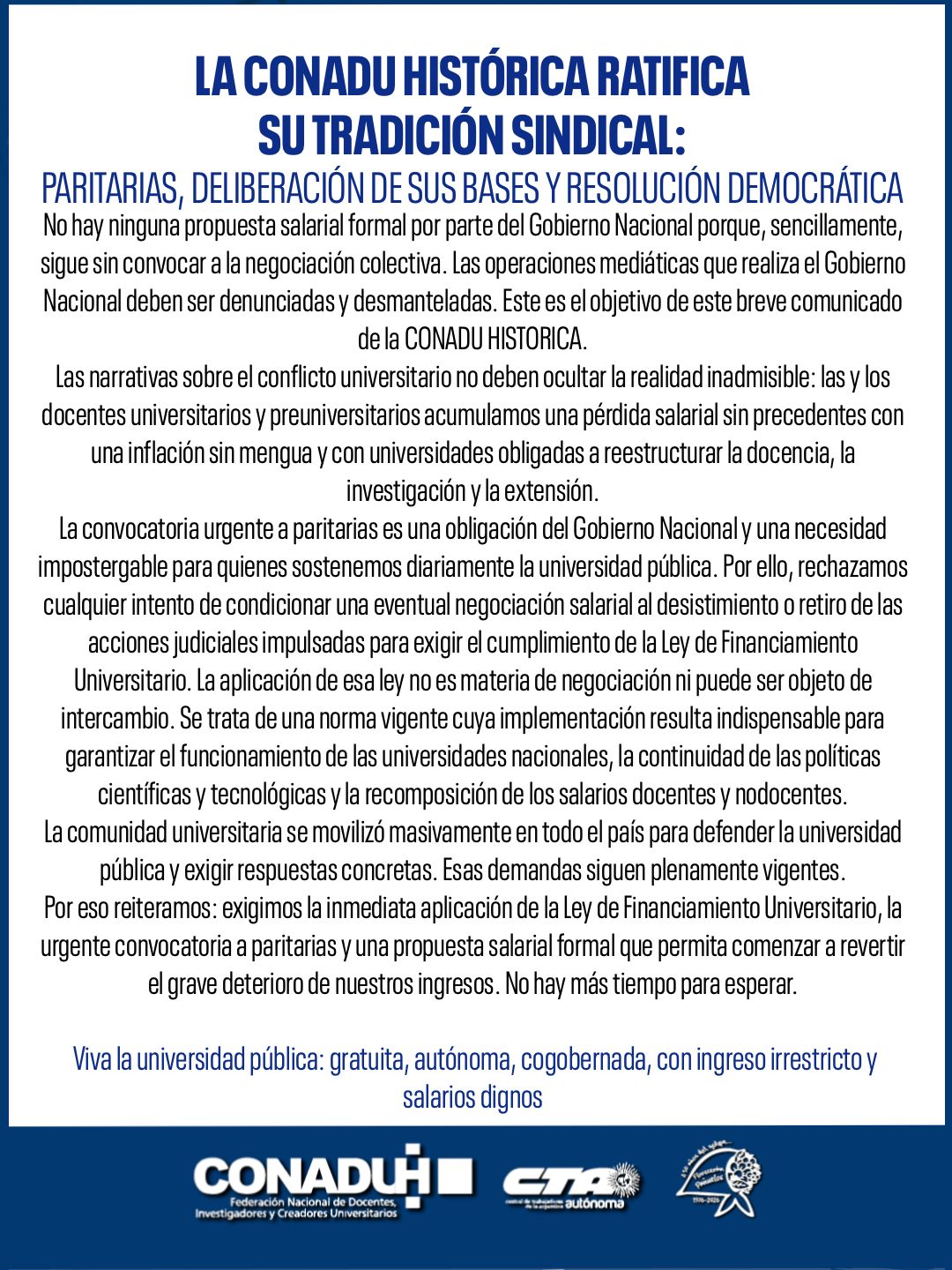 La CONADU HISTÓRICA ratifica su tradición sindical