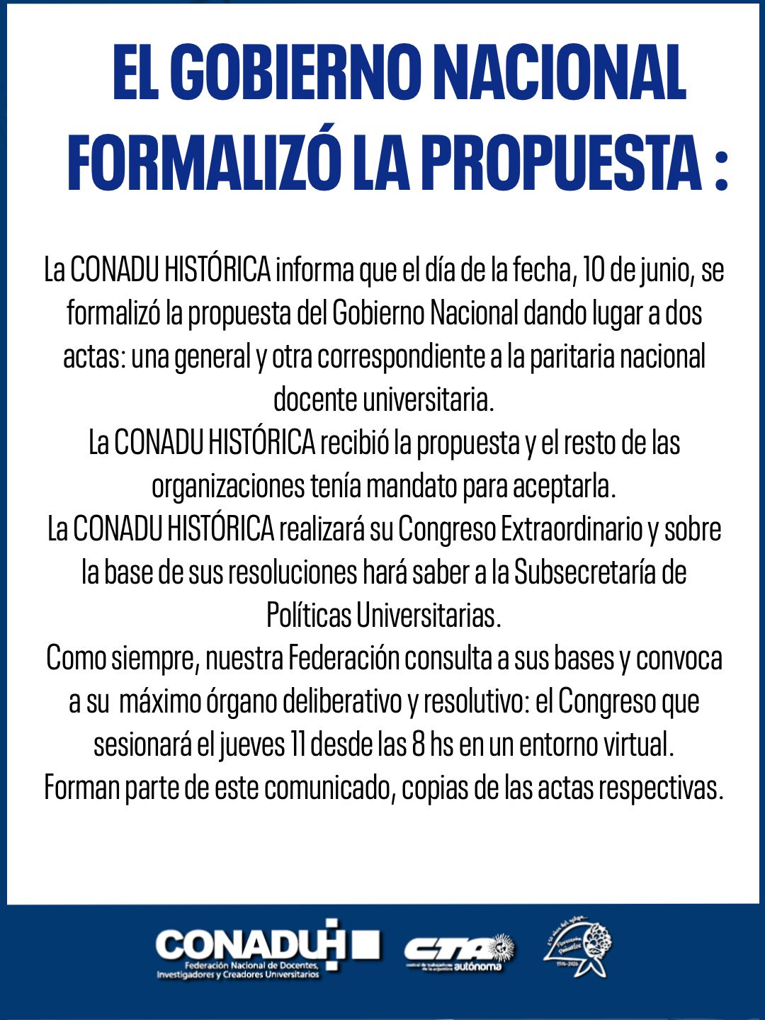 EL GOBIERNO NACIONAL FORMALIZÓ LA PROPUESTA